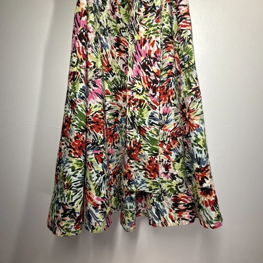JG Hook Midi Dress Size 10 Linen Faux Wrap Multicolor Abstract Floral Belted - Picture 12 of 16